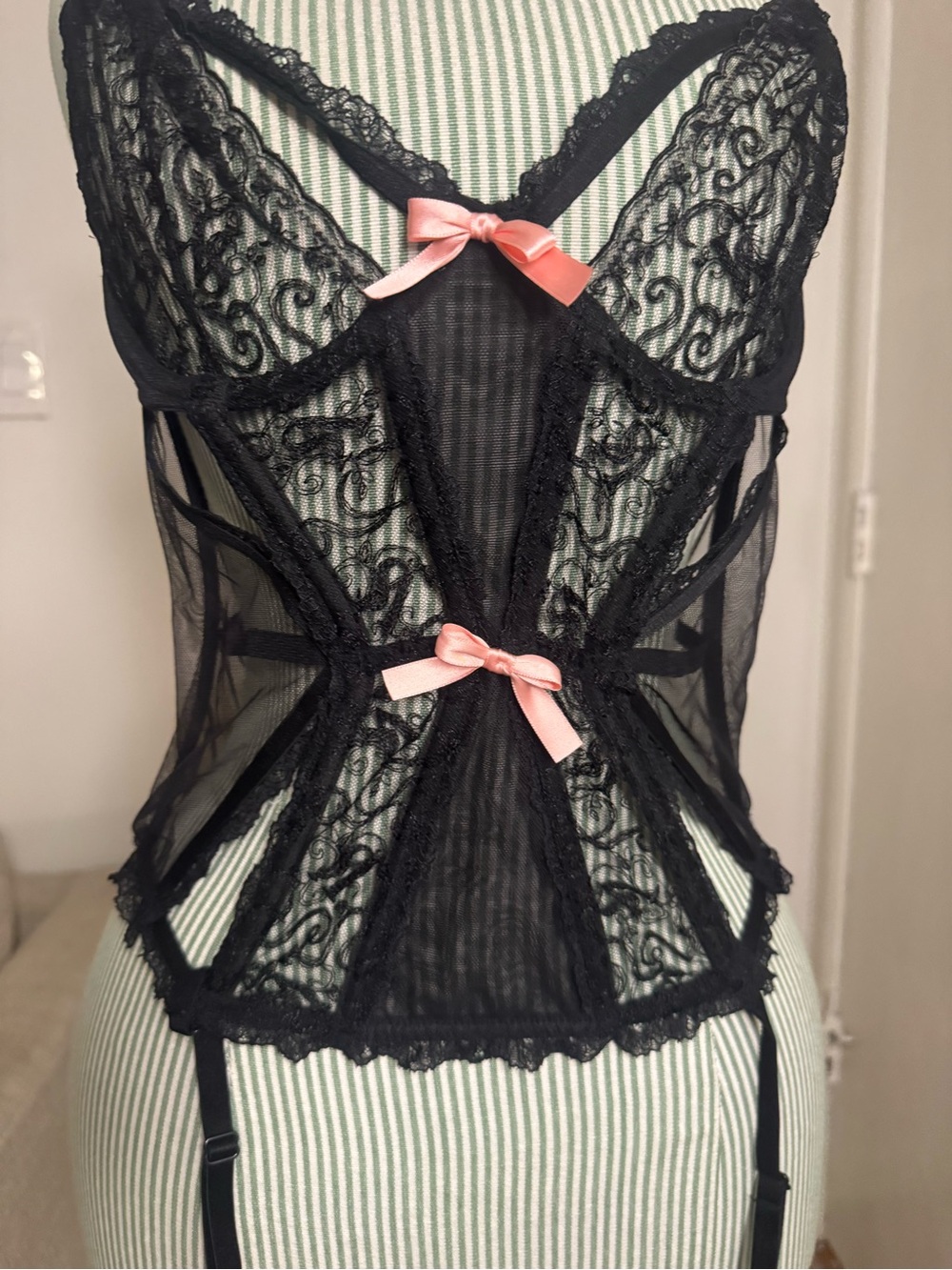 Victoria's Secret Black Lace Bustier with Pink Ribbon Bows - Picture 2 of 4